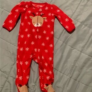 Carters Red Reindeer Christmas Footed Zip Up PJs NWOT